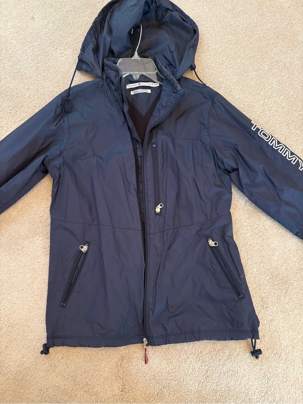 Tommy Hilfiger Navy Hooded Women's Raincoat with Sleeve Logo